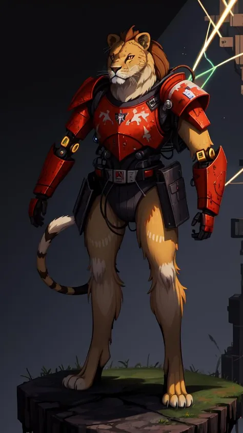 (masterpiece, best quality:1.15), no humans, looking at viewer, furry, (solo, lion boy:1.1), fangs, lion, 1boy, animal ears, tail furry male, standing, full body, pink eyes, glowing eyes, serious, (electricity, cable, light particles:1.1), rousing, science fiction, tabard, (robot, mecha, shoulder armor, armor, full armor:1.2), army, world war 2, US army, outdoors