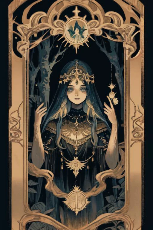 woman in a mythical forest, masterpiece, perfect face, intricate details, horror theme, <lora:Celestial_V2:1> tarot, black background, celestial
