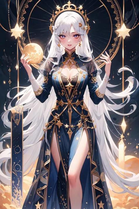 <lora:Celestial_V2-11:1>, 1girl, eyelashes, lips, dress, white hair, absurdly long hair,   moon, black background,  crescent moon, ribbon, hair ornament, long sleeves,  starry sky, long bangs, crescent, collarbone, tarot, cleavage, eyeliner, happy, multicolored eyes, chariot , jewelry