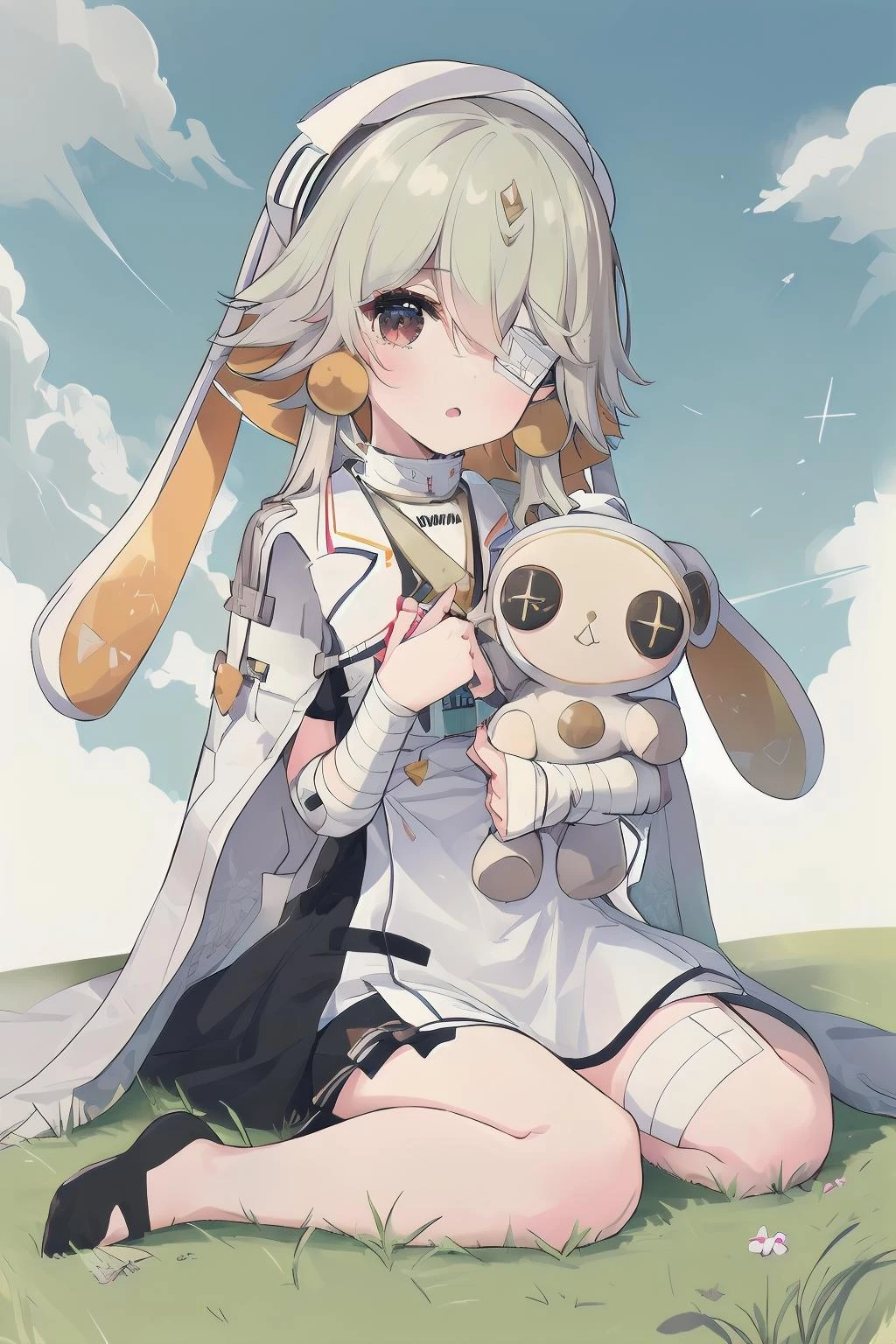 1girl, best quality, outdoors, sitting, wariza, on grass, blue sky, full body,
<lora:RubyToF:0.7:0.8:lbw=1,0,0,0,1,1,1,1,1,1,1,1,0,0,0,0,0>, RubyToF, (medical eyepatch:1.1), stuffed animal, stuffed bunny, (hat:1.2), holding stuffed toy,