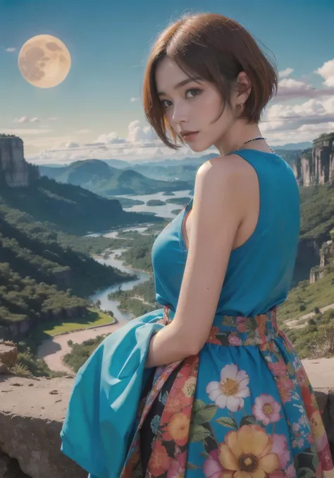 a (woman-in-the-center-of-the-scene, solo-focus),(1woman:1.4),short hair,two tone hair,blonde hair with red roots,Valleys Bayou,Crescent Moon Phase,<lora:psychedelic-landscape:0.9>,<lora:Colorfulness:1.5>,(masterpiece, best quality),, (masterpiece, best quality),