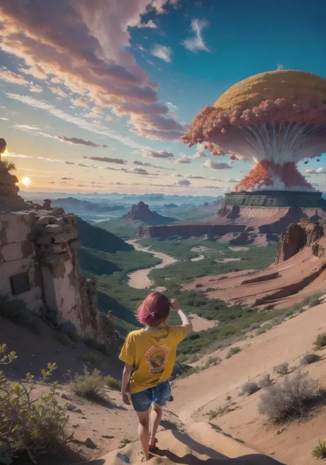 a (woman-in-the-center-of-the-scene, solo-focus),(1woman:1.4),short hair,two tone hair,blonde hair with red roots,Desert Underwater Volcano,Street,Clear Sky,<lora:psychedelic-landscape:0.9>,<lora:Colorfulness:1.5>,, (masterpiece, best quality),
