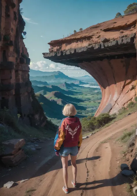 a (woman-in-the-center-of-the-scene, solo-focus),(1woman:1.4),short hair,two tone hair,blonde hair with red roots,Coastline Sky,Lava Tube Caves,<lora:psychedelic-landscape:0.9>,<lora:Colorfulness:1.5>,, (masterpiece, best quality),
