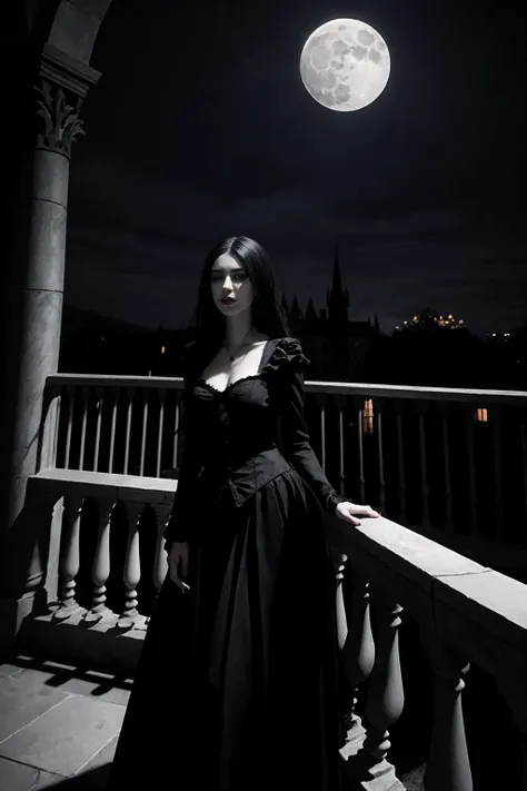 a beautiful gothic vampire. standing on a balconly under the moon. eerie. volumetric light, high dynamic range.