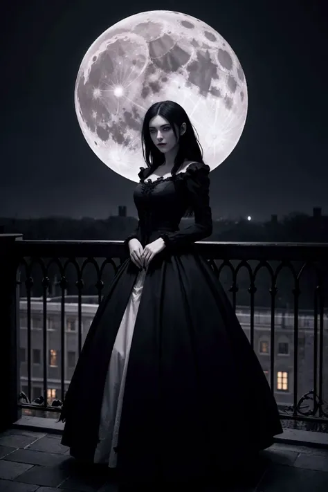 a beautiful gothic vampire. standing on a balconly under the moon. eerie. volumetric light, high dynamic range.