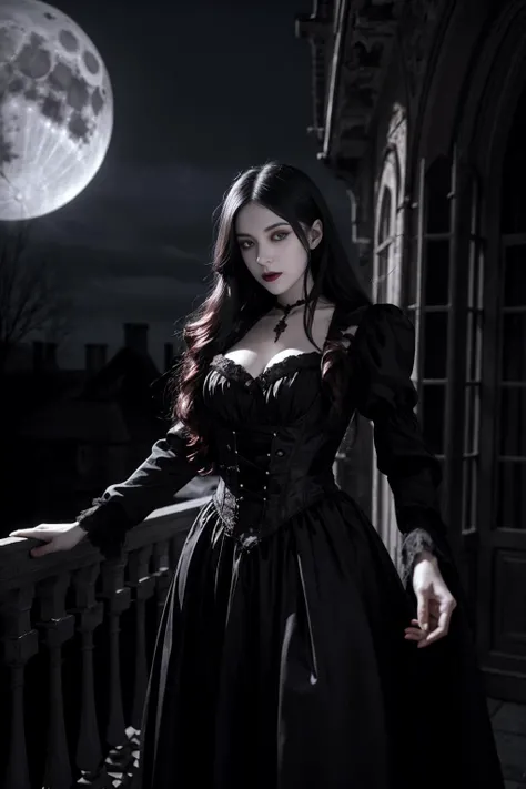 a beautiful gothic vampire. standing on a balconly under the moon. eerie. volumetric light, high dynamic range.