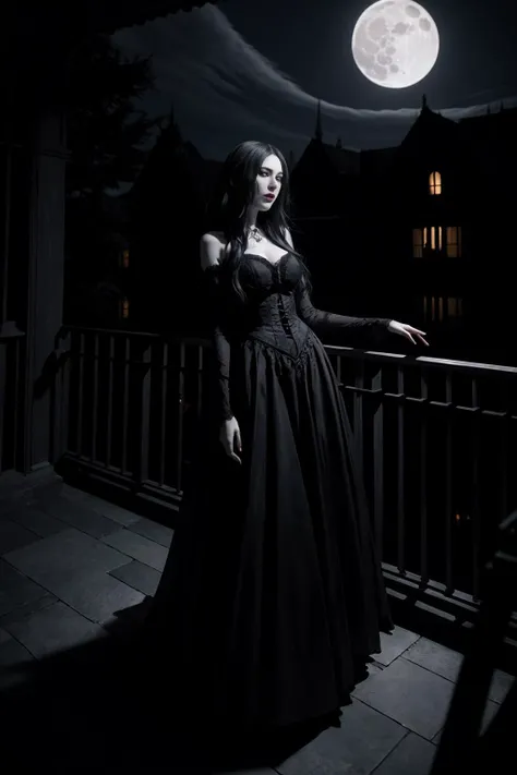 a beautiful gothic vampire. standing on a balconly under the moon. eerie. volumetric light, high dynamic range.