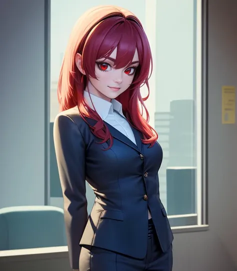 Cowboy shot, (Portrait:0.7), Eris Greyrat, Red eyes, Red hair, Office suit, Black eyeliner, A little smile,
(Standing pose:0.7), Blue atmosphere, Office room in the background,
(Realistic:0.8), Low colors, Soft light, HDR, highly detailed face and eyes, Masterpiece, Best quality, intricate, highly detailed, 8k, Trending on artstation,
<lora:Gabachek_Eris_Greyrat-01:0.7>