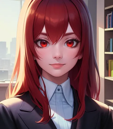 Cowboy shot, (Portrait:0.7), Eris Greyrat, Red eyes, Red hair, Office suit, Black eyeliner, A little smile,
(Standing pose:0.7), Blue atmosphere, Office room in the background, Office interior
(Realistic:0.8), Low colors, Soft light, HDR, highly detailed face and eyes, Masterpiece, Best quality, intricate, highly detailed, 8k, Trending on artstation,
<lora:Gabachek_Eris_Greyrat-01:0.7>