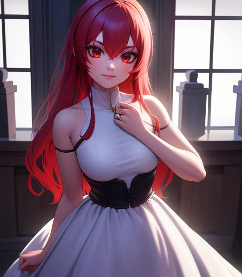 Cowboy shot, (Portrait:0.7), Eris Greyrat, Red eyes, Red hair, Wedding Dress, Black eyeliner, A little smile,
(Standing pose:0.7), (Blue light:1.2), Temple in the background, Rich interior
HDR, highly detailed face and eyes, Masterpiece, Best quality, intricate, highly detailed, 8k, Trending on artstation, (Anime style:0.4),
<lora:Gabachek_Eris_Greyrat-01:0.7>
