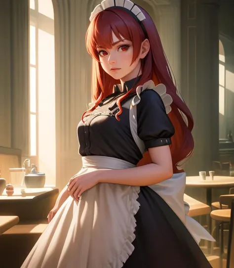 Cowboy shot, Portrait, Eris Greyrat, Red eyes, Maid dress, (Tsundere face:0.6),
(Standing pose:0.7), Blue atmosphere, Caffe in the background, Interior,
(Realistic:0.8), Low colors, Soft light, HDR, highly detailed face and eyes, Masterpiece, Best quality, intricate, highly detailed, 8k, Trending on artstation,
<lora:Gabachek_Eris_Greyrat-01:0.7>