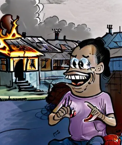 a baby girl, street, burning house <lora:KamStyle:0.9>, kamstyle, cartoon, ((look at viewer)), head, ((evil smile)), sunlight, afternoon