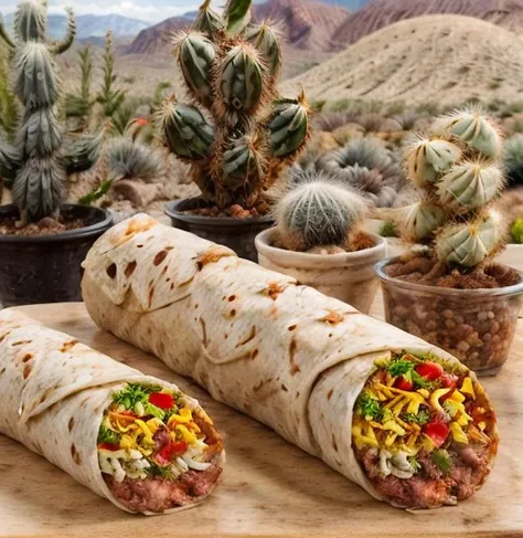 <lora:BuritoYUM:1>, Burrito , very high quality , vegetables, meat , cheese ,view from side , (desert background) , very high quality desert , (cactus:0.5) , very hight quality cactus , realistic cactus , burito on the cactus