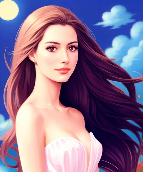 illustration, cartoon, soothing tones, calm colors, (anime), (illustration), cartoon, detailed, a woman, in dress, looking at viewer <lora:AnneH:1.0>