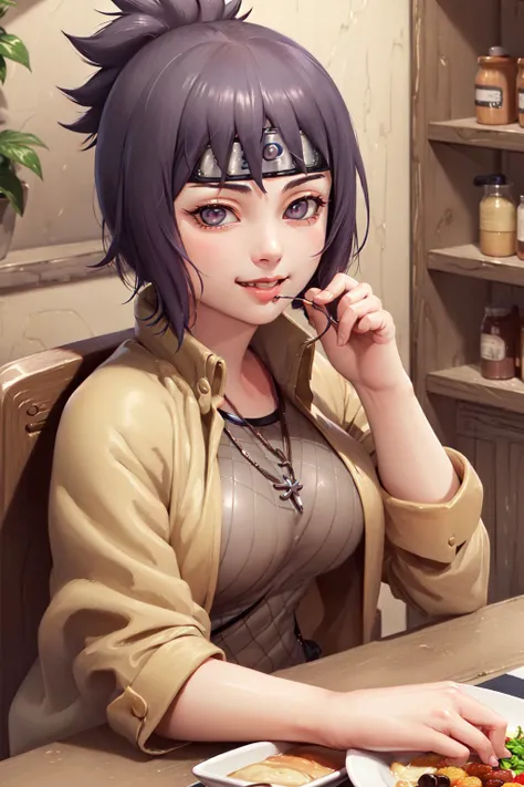 (masterpiece, best quality:1.2), <lyco:naruto_mitarashi-10:0.8>, upper body, solo, 1girl, mitarashi anko, smile, looking at viewer, hands on table, ponytail, headband, forehead protector, fishnets, jewelry, necklace, indoors, food, bowl of food