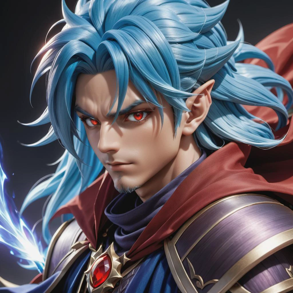 Magus, a male character from the game ChronoTrigger, (red eyes), (long blue hair), red cape, elf, casting magic spell, maniacal, evil, illustration, <lora:offset_0.2:.25>, best quality, masterpiece, HDR, 8K, UHD, soft lighting, crisp, clear, clean, highly detailed, detailed eyes