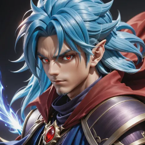Magus, a male character from the game ChronoTrigger, (red eyes), (long blue hair), red cape, elf, casting magic spell, maniacal, evil,  illustration, <lora:offset_0.2:.25>, best quality, masterpiece, HDR, 8K, UHD, soft lighting, crisp, clear, clean, highly detailed, detailed eyes