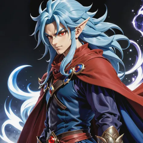 Magus, a male character from the game ChronoTrigger, (red eyes), (long blue hair), red cape, elf, casting magic spell, maniacal, evil,  illustration <lora:offset_0.2:.25>