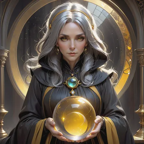 hooded old aged witch future seer witch adivination room crystal ball, dark yellow clothes, gray hair, old aged, art by artgerm and greg rutkowski and alphonse mucha and loish and wlop, artstation, illustration