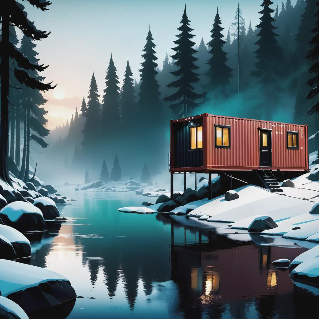 a cinematic shot of a river landscape with a forest, shipping container tiny house, snowy, creepy, scary, fog, horror, cinematic, epic, poster, digital painting, dark colors, intricate details, Asaf hanuka, uplight, 35mm, Gravity Falls style, cartoon, animation