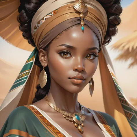 Beautiful african woman, alluring, light brown eyes, wearing simple african traditional clothing, warm caramel skin, highly detailed, digital painting, artstation, concept art, smooth, sharp focus, illustration, art by artgerm and greg rutkowski and alphonse mucha