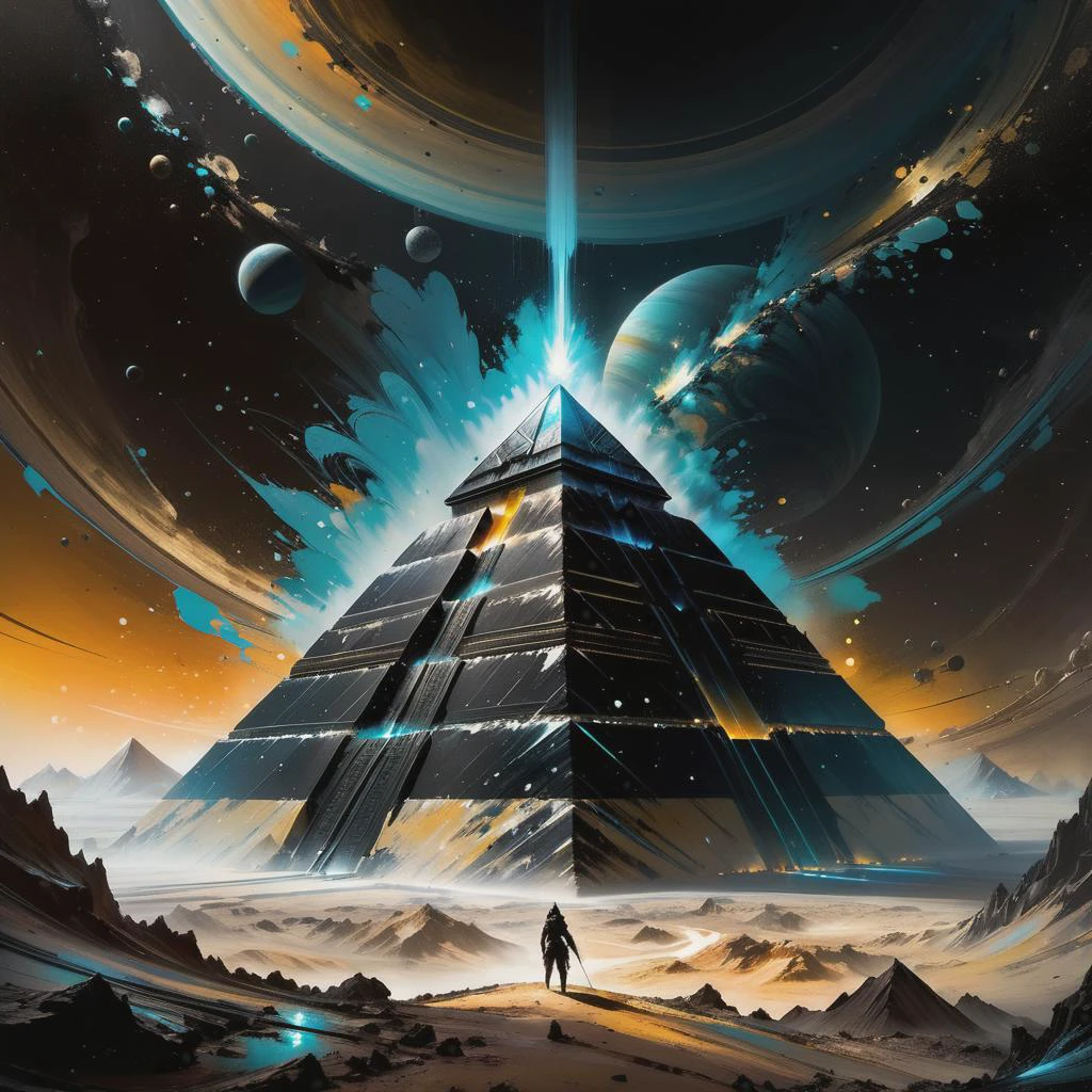 Space fantasy, one huge Black Pyramid against the background of another planet - a gas giant. dark_background painted with large brushstrokes "Paint Splatter" by Jeremy Mann, Pino Daheny, Alexa Maleeva, Liz Gael, masterpiece popular on artstation, splash, highly detailed intricate graffiti, Liam Wong, poster art, paint splatter, 32k resolution, crisp focus