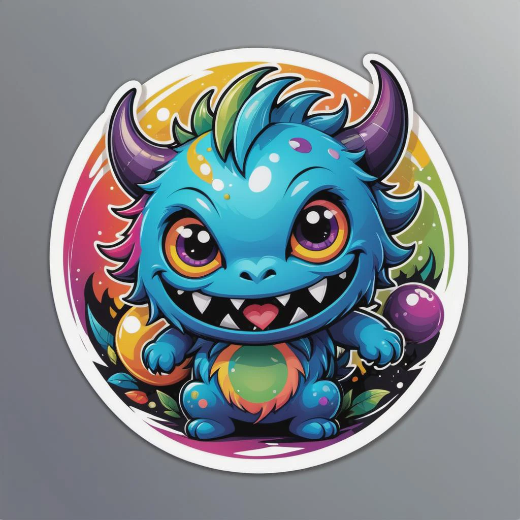 A cute monster, colorful, clutter, ultra detailed, mysterious, scary, perfect environment, die-cut sticker, logo, vector graphic, t-shirt design, no background, circle outline