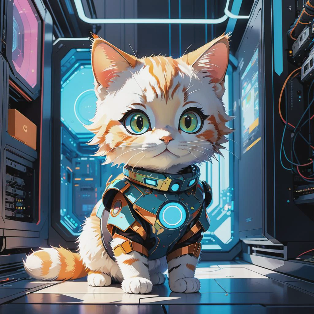 digital art of a cat, baby lble eyes, moving into supercomputer room, in ation, in futuristic costume, cartoony, style of laurie greasley, studio ghibli, akira toriyama, james gilleard, genshin impact, trending pixiv fanbox, acrylic palette knife, 4k, vibrant colors, devinart, trending on artstation, low details