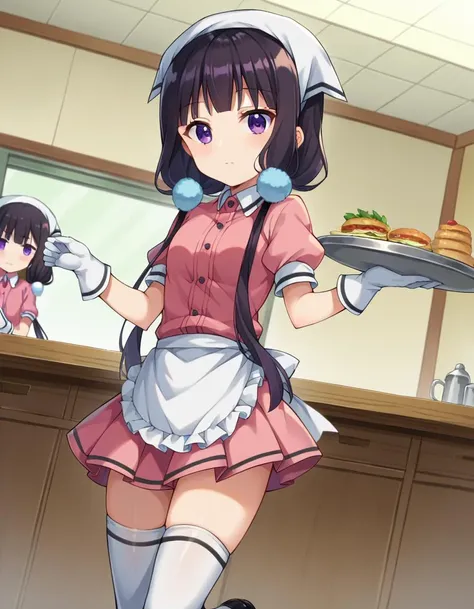 score_9, score_8_up, score_7_up, source_anime,
maikasakuranomiya, <lora:maika-sakuranomiya-ponyxl-lora-nochekaiser:1>,
maika sakuranomiya, long hair, black hair, hair ornament, twintails, purple eyes, low twintails,
skirt, shirt, thighhighs, gloves, short sleeves, pleated skirt, frills, shoes, puffy sleeves, white gloves, black footwear, uniform, apron, white thighhighs, puffy short sleeves, zettai ryouiki, waist apron, white apron, pink skirt, pink shirt, frilled apron, waitress, head scarf,
indoors, restaurant, tray, food tray,
looking at viewer, dutch angle, cowboy shot,