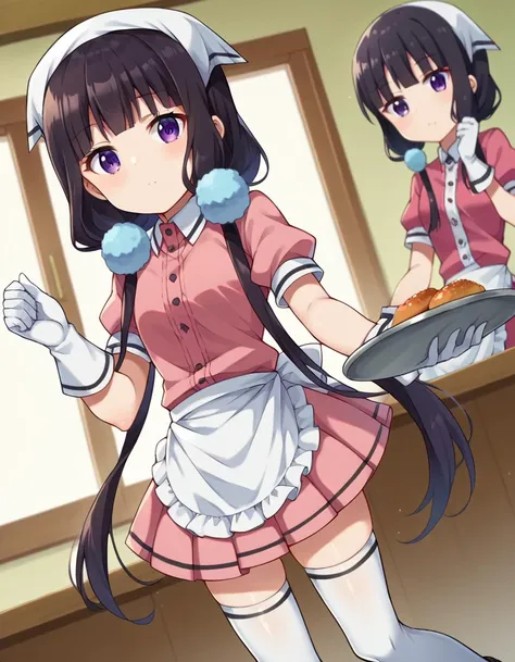 score_9, score_8_up, score_7_up, source_anime,
maikasakuranomiya, <lora:maika-sakuranomiya-ponyxl-lora-nochekaiser:1>,
maika sakuranomiya, long hair, black hair, hair ornament, twintails, purple eyes, low twintails,
skirt, shirt, thighhighs, gloves, short sleeves, pleated skirt, frills, shoes, puffy sleeves, white gloves, black footwear, uniform, apron, white thighhighs, puffy short sleeves, zettai ryouiki, waist apron, white apron, pink skirt, pink shirt, frilled apron, waitress, head scarf,
indoors, restaurant, tray, food tray,
looking at viewer, dutch angle, cowboy shot,