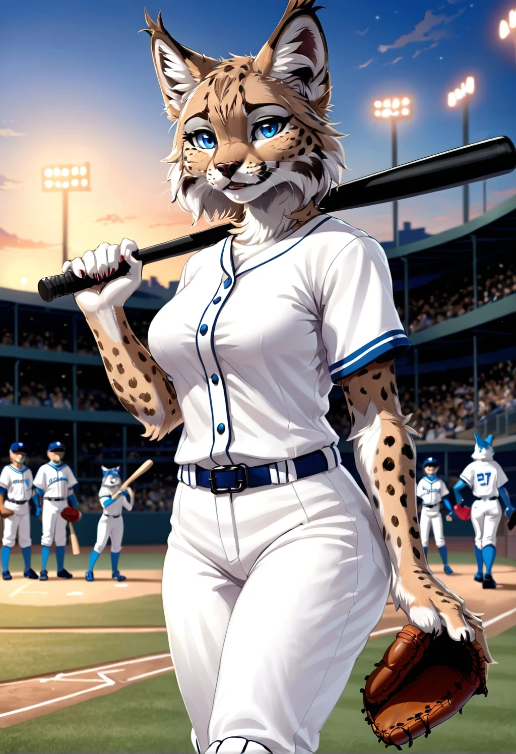 lynx female furry, anthropomorphic, fursona, (((furry))), (setting is baseball field), (background is the stands and crowd), all white uniform, blue eyes, (batting), (holding baseball bat)