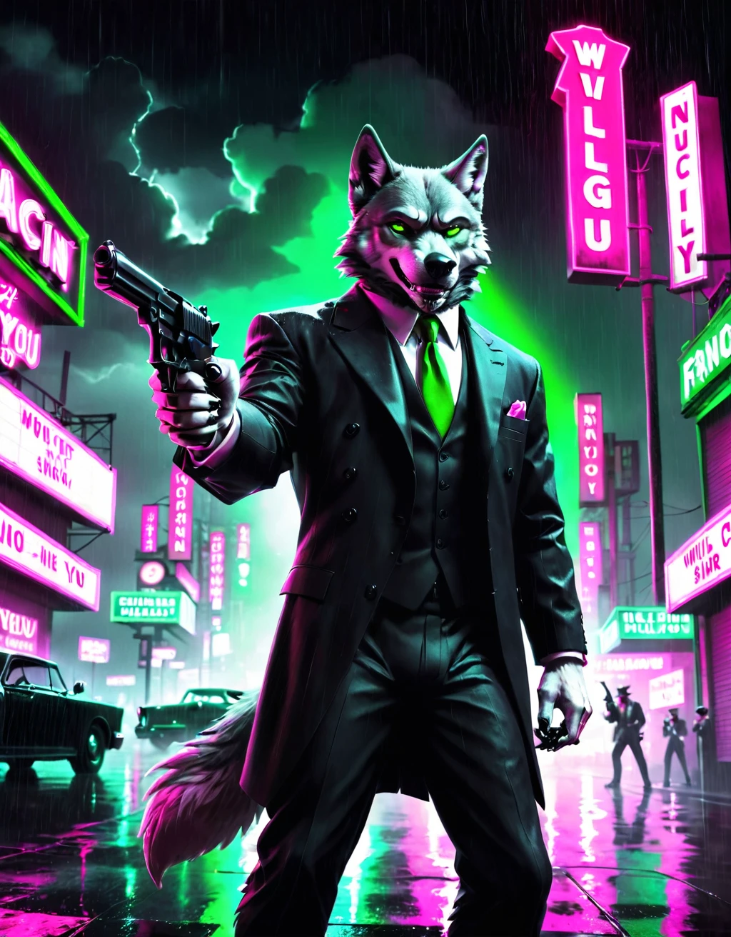 Villain League,
a stunning film noir still photograph, full shot of a (wolf dog) wearing suit, pointing with a gun, (gunatyou), at a dark rain night, evil smile, neon green and pink lighting, night time,
dramatic cinematic film noir lighting, sin city style, (prefect hand),
very strong contrast, dramatic Lighting,
strong visual contrast, terrifying, from below,
Tsutomu Nihei, cinematic film style, special effects, VFX, award-winning picture, highly detailed, ultra-high resolutions, 32K UHD, sharp focus,
(photorealistic:1.5), (Extremely realistic, masterpiece, top quality, official art, best quality, beautiful and aesthetic:1.2), 4k, 8k,
very rich details,