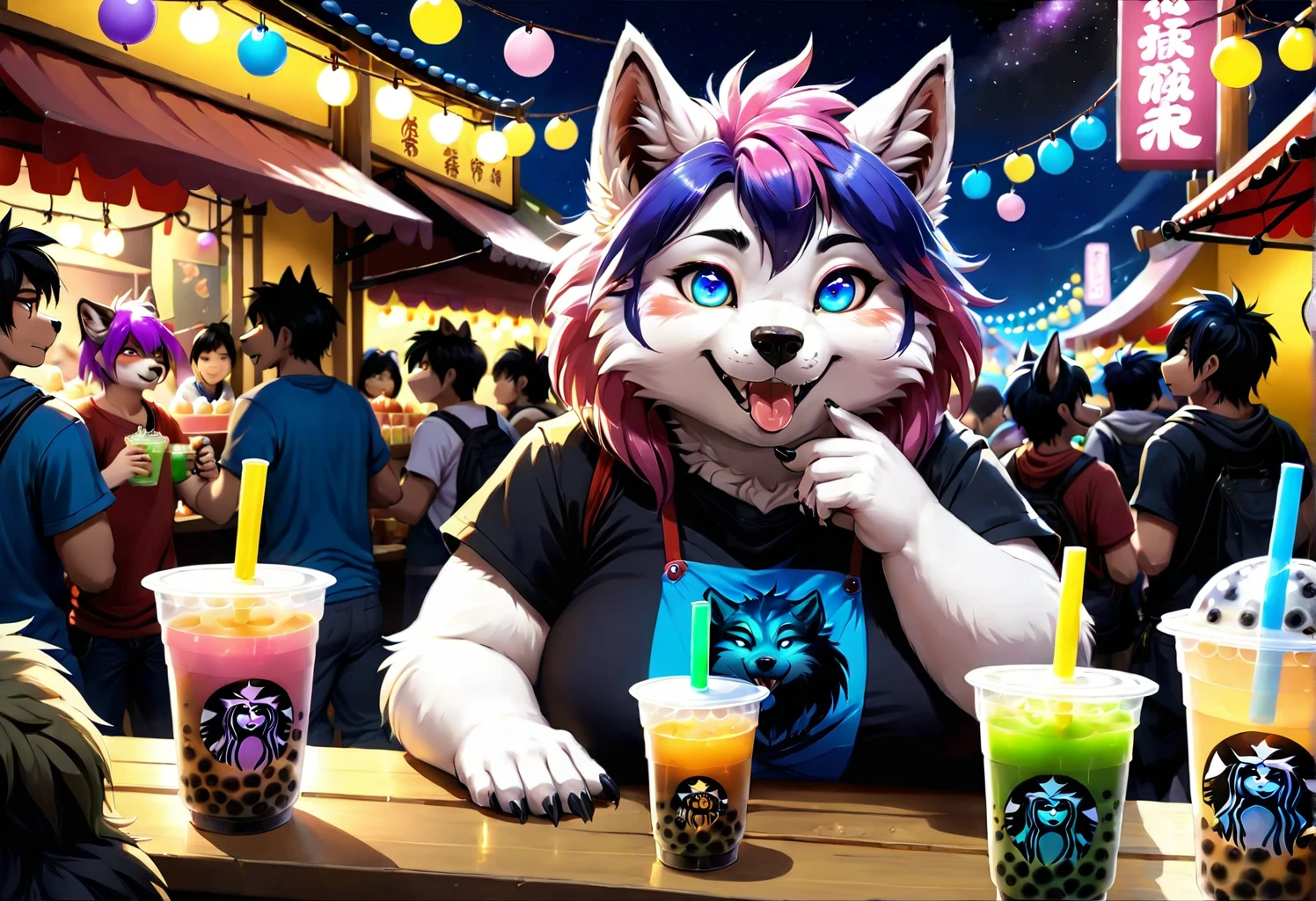 (furry, anthro, =:, fluffy,chubby), (colorful hair:1.1), =, (epic fantasy night market:1.2), (crowded furry ), (detailed =: face, detailed clear eyes:1.1), t-shirt, (lanterns:0.2), foods,(Bubble tea), masterpiece, 8k, hires, detailed Chunie lighting, 4 fingers,