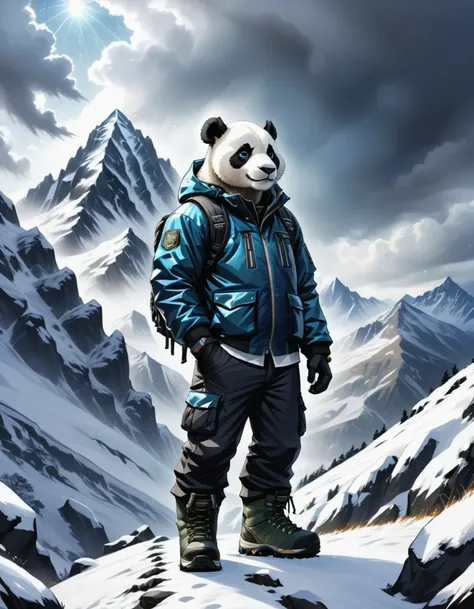 anthro humanoid male giant panda, wearing jacket, pants, hiking boots, hiking gloves, hiking on snow mountain, looking up, snow storm, cute, attractive, highly detailed, intricate, sharp focus, beautiful, dramatic cinematic, ambient light, epic composition, elegant, very inspirational, stunning, creative, fine detail, color, shiny, glowing, rich deep