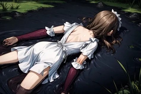 <lora:flat2:-1>, 1girl sinking in a swamp, <lora:partially_submerged:1>, partially submerged, <lora:mission_complete_v011:0.8>, face down, on stomach, back, from behind, dress