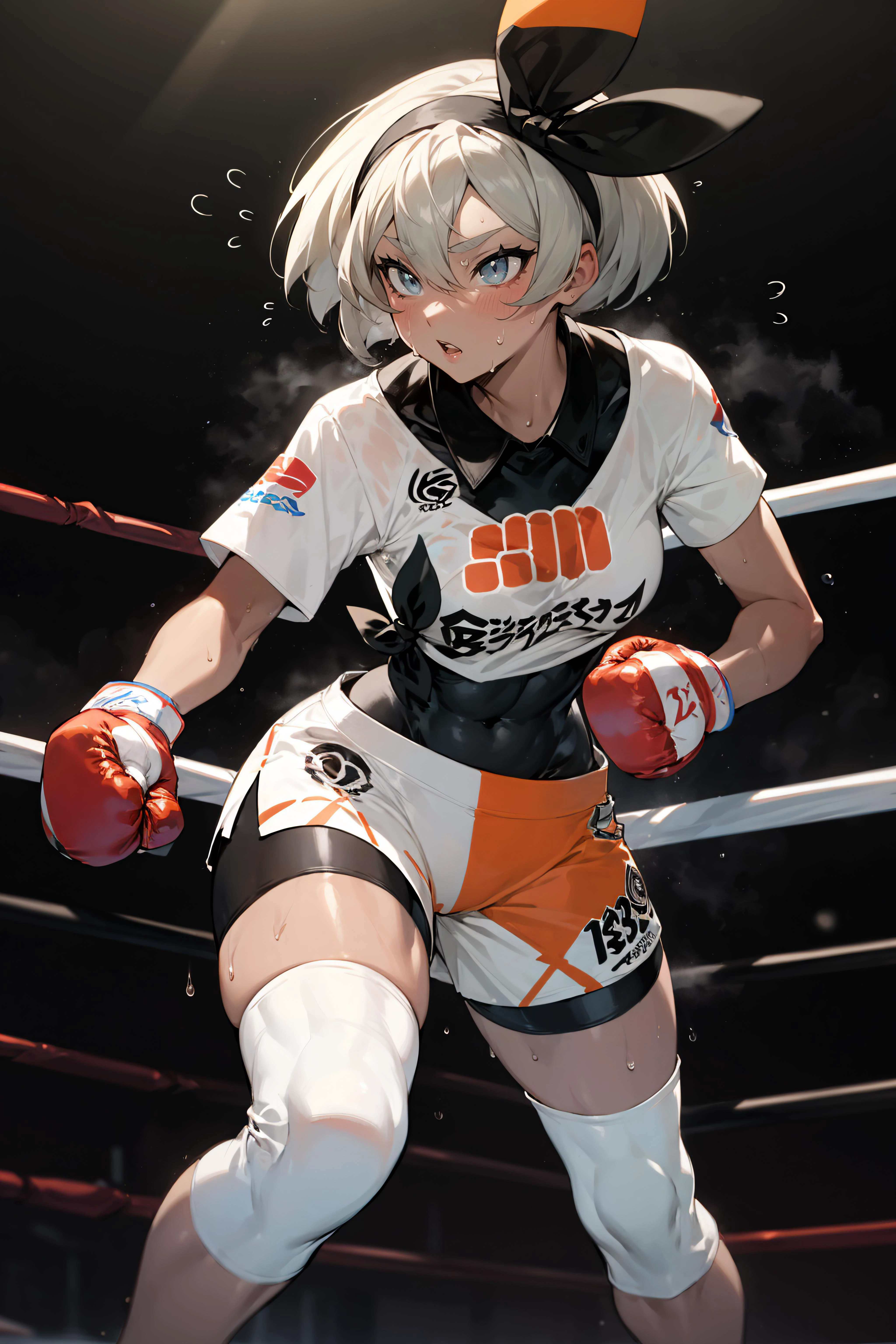 beautiful, (masterpiece), best quality, (extremely detailed face), extremely detailed eyes, perfect lighting, OverallDetail, detailed, deep skin,textured skin,
bea \(pokemon\), bow hairband, print shirt, tied shirt, black bodysuit, bodysuit under clothes, single glove, print shorts, knee pads, barefoot <lora:SaitouV1:0.8>,
hitting punching bag,sweat, sweatdrop, flying sweatdrops, in boxing ring,