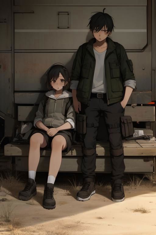 Anime characters sitting on a bench in front of a train - SeaArt AI
