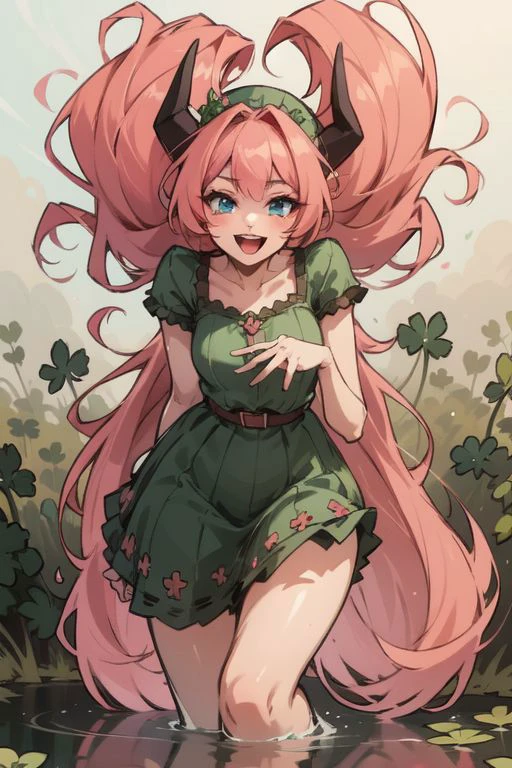 masterpiece,best quality,ultra-detailed,very detailed illustrations,extremely detailed,intricate details,highres,super complex details,extremely detailed 8k ,cowboy shot, caustics,
reflection,
ShamrockWorld, clover, four-leaf clover, light particles, (1girl, horns, green top hat, solo, looking at viewer, smile, green clover dress , blue eyes, standing, full body, succubus tail, long pink hair, , random expressions, random action), clover field, gradient, gradient background, , :d, fangs, green background,