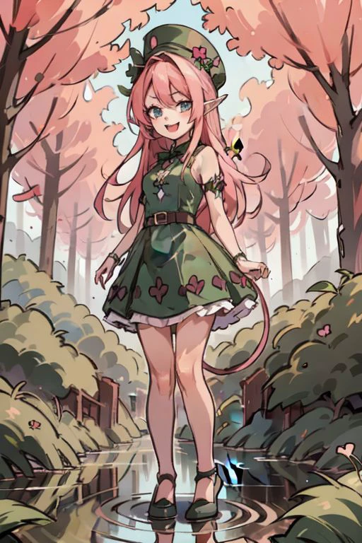 masterpiece,best quality,ultra-detailed,very detailed illustrations,extremely detailed,intricate details,highres,super complex details,extremely detailed 8k ,cowboy shot, caustics,
reflection,
ShamrockWorld, clover, four-leaf clover, light particles, (1girl, horns, elf ears, green top hat, solo, looking at viewer, smile, shade_green four-leaf clover dress , blue eyes, standing, full body, succubus tail, long pink hair, , random expressions, random action), clover field, gradient, gradient background, , :d, fangs, green background,