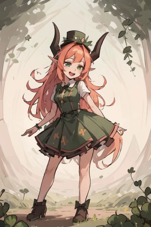 masterpiece,best quality,ultra-detailed,very detailed illustrations,extremely detailed,intricate details,highres,super complex details,extremely detailed 8k ,cowboy shot, caustics,
reflection,
ShamrockWorld, Celtic theme, clover, four-leaf clover, light particles, (1girl, horns, elf ears, green top hat, solo, looking at viewer, smile, shade_green four-leaf clover dress , radiant_green_eyes, standing, full body, succubus tail, long_ginger_orange_hair_color, , random expressions, random action), clover field, gradient, gradient background, , :d, fangs, green background,