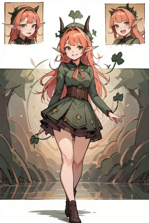 masterpiece,best quality,ultra-detailed,very detailed illustrations,extremely detailed,intricate details,highres,super complex details,extremely detailed 8k ,cowboy shot, caustics,
reflection,
ShamrockWorld, Celtic theme, clover, four-leaf clover, light particles, (1girl, horns, elf ears, green top hat, solo, looking at viewer, smile, shade_green four-leaf clover dress , radiant_green_eyes, standing, full body, succubus tail, long_ginger_orange_hair_color, , random expressions, random action), clover field, gradient, gradient background, , :d, fangs, green background,