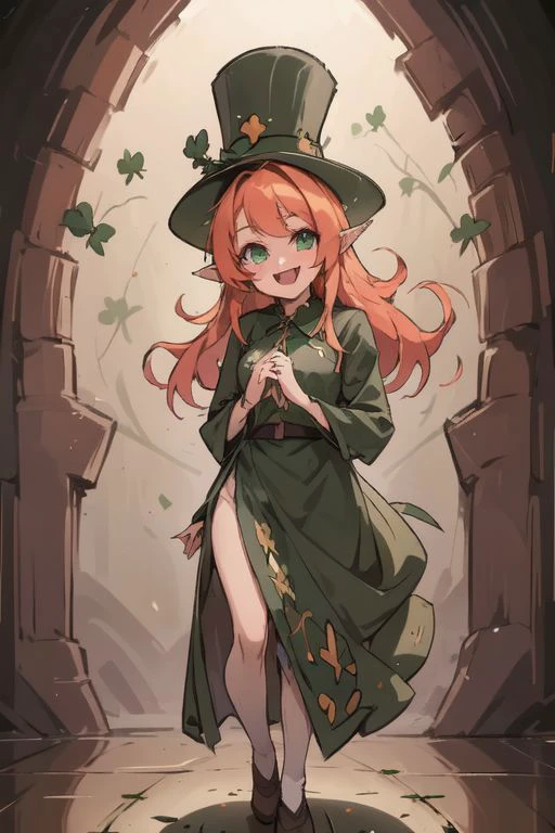 masterpiece,best quality,ultra-detailed,very detailed illustrations,extremely detailed,intricate details,highres,super complex details,extremely detailed 8k ,cowboy shot, caustics,
reflection,
ShamrockWorld, Celtic theme, clover, four-leaf clover, light particles, (1girl, horns, elf ears, green top hat, solo, looking at viewer, smile, shade_green four-leaf clover dress , radiant_green_eyes, standing, full body, succubus tail, long_ginger_orange_hair_color, , random expressions, random action), clover field, gradient, gradient background, , :d, fangs, green background,