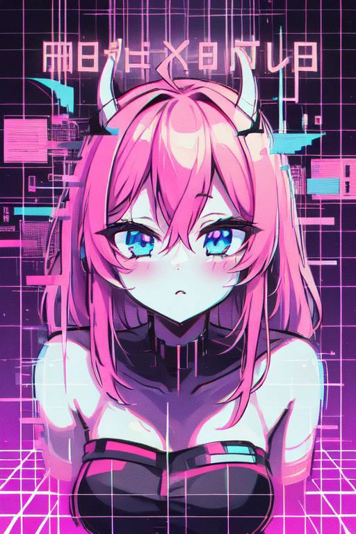 (masterpice, best quality, high quality, highres:1.4), in (vaporwave glitch effect digital illustration art-style:1.36), vtuber-halfbody of a t girl with long pink hair blue eyes and horns hologram in a city street with neon signs, (city lights:0.7), (solitude:0.5), (futuristic atmosphere:0.7), cinematic shot, ascii, (by tomma abts:1.36), 4k textures, ultra detailed