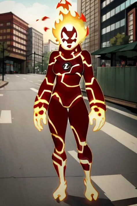 Heatblast, female version of heatblast, female body, bigesr boobs, flames girl body, Omnitrix on chest, red hands and red head flames, fire female heatblast, detailed background, day, city, street, very detailed illustration, 1girl, absurdres, highres, high quality, masterpiece, ultra-detailed, detailed eyes, ultra-detailed body, ultra-detailed breast