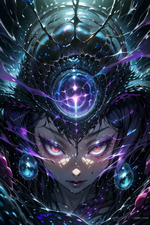 anime Drawing art Style, high detail, (Howard Phillips Lovecraft story, cosmic monster, insanity, darkness eyes), 18+, nature, water, fantasy, magic, naked, (fluorite and dark golden + blue purple neon : smooth, , lively coral reef background HD, 35mm photograph, 8k), masterpiece, natural light, high detail.