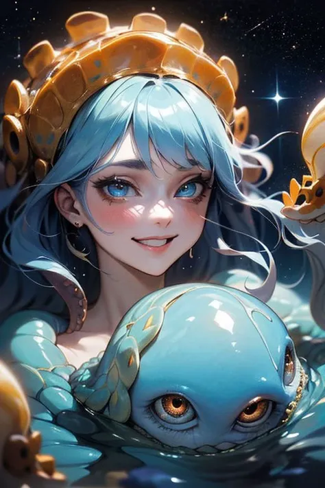 anime draw art style, high detail, 18+, nature, water, fantasy,<lora:jellyfish-noise:1>, naked, (fluorite and  dark golden + blue neon :  ((  smile girl with jellyfish head,  octopus hair, galactic incide eyes)),  smooth, , lively coral reef background HD, 35mm photograph, 8k), masterpiece, natural light,  high detail.