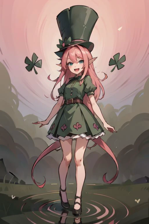 masterpiece,best quality,ultra-detailed,very detailed illustrations,extremely detailed,intricate details,highres,super complex details,extremely detailed 8k ,cowboy shot, caustics,
reflection,
ShamrockWorld, clover, four-leaf clover, light particles, (1girl, horns, elf ears, green top hat, solo, looking at viewer, smile, shade_green four-leaf clover dress , blue eyes, standing, full body, succubus tail, long pink hair, , random expressions, random action), clover field, gradient, gradient background, , :d, fangs, green background,