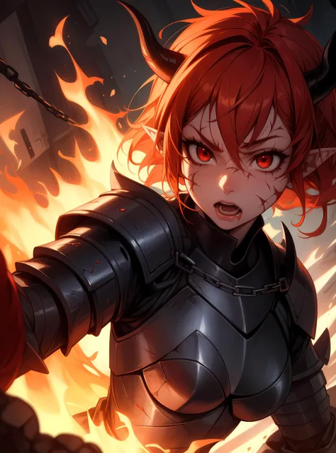 beautiful, (masterpiece), best quality, (extremely detailed face), extremely detailed eyes, perfect lighting, detailed, deep skin, textured skin, <lora:oil2.0_2-512-64:0.5> <lora:add_detail:0.4>, demon, succubus, samurai armor, horns, red hair, pointy ears, chains, armor, lava, fire, red eyes, fighting stance, rage, scars