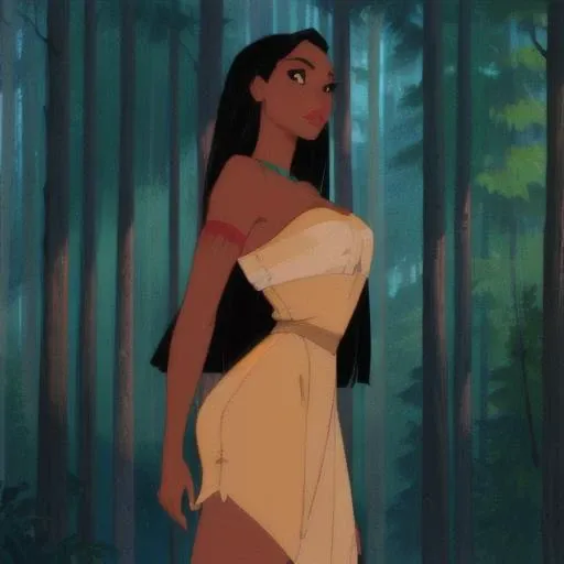 <lora:Pochahontas-000018:.6>1girl, long_hair, breasts, black_hair, dark_skin, black_eyes, dark-skinned_female, lipstick,Flat color,masterpiece, 4k,in the forest,