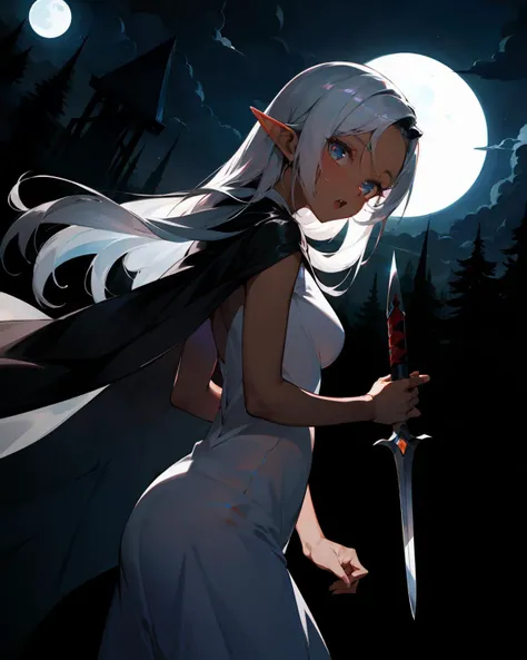 (masterpiece, best quality, high resolution), fantasy, 
cute face, kawaii, small face, cute, very big eyes, Aesthetic Anime Eyes,
dark-skinned female, pointy ears, dark elf,
huge breasts,
long hair, silver hair,
(nude),
open mouth,
holding dagger,
white cape, see-through silhouette, 
dynamic angle, battle, wind, fighting, 
(moonlight), forest, 
<lora:spotlight:0.3>, spotlight, dark theme,
dark, darkness, backlighting, shadow, 
looking at viewer,
1girl, solo,